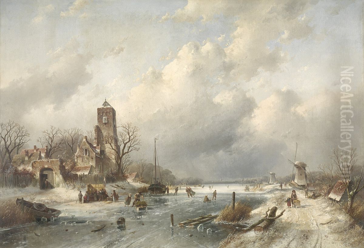 Winter View Oil Painting by Charles Henri Leickert