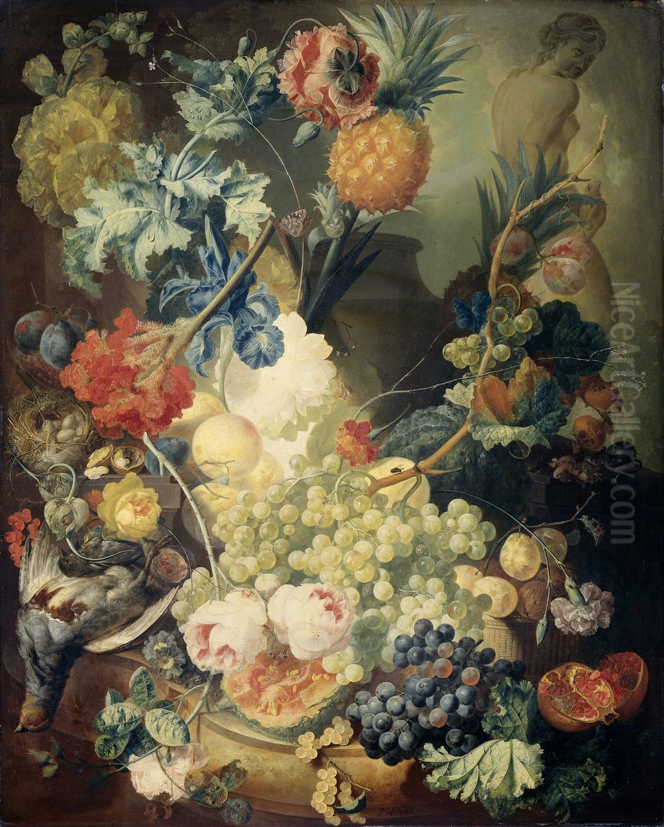 Still Life with Flowers, Fruit and Birds Oil Painting by Jan van Os