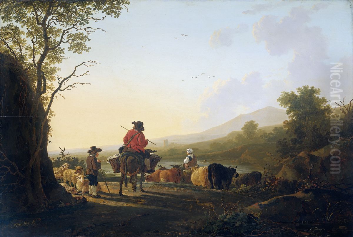 Landschap met veedrijver en schaapherder. Oil Painting by Jacob van Strij