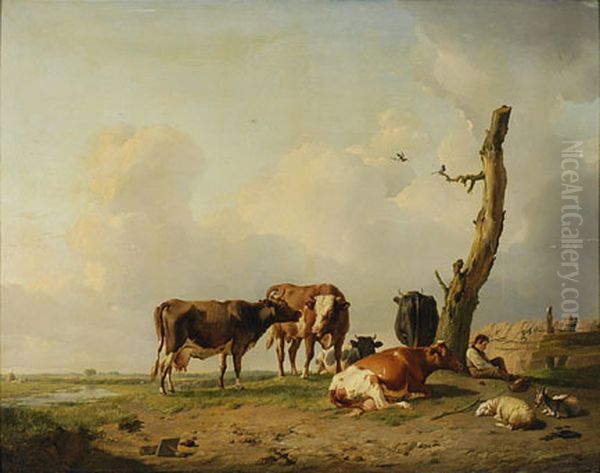 Landschap met herder en vee bij een boom Oil Painting by Eugene Verboeckhoven