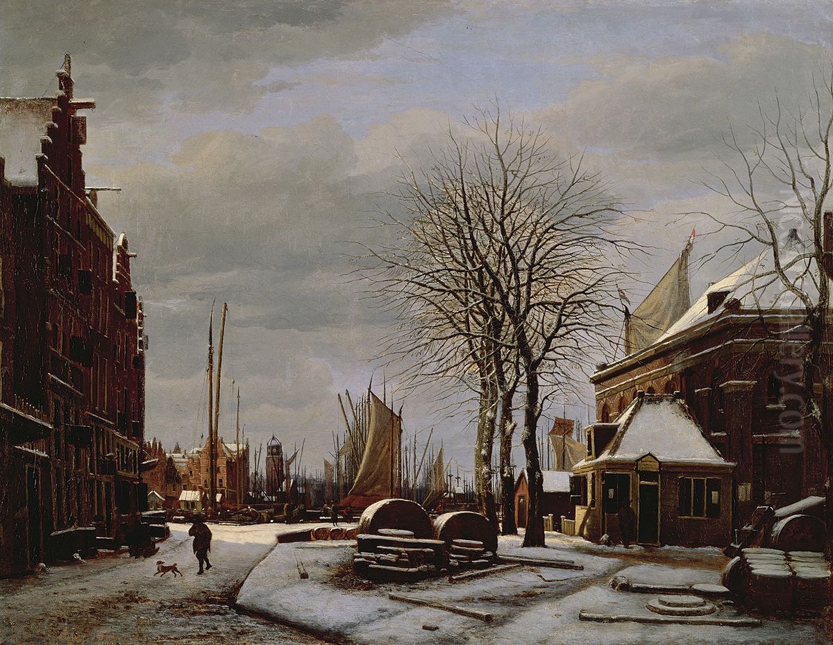 Slijpsteenmarkt in Amsterdam and the Zeerecht building in winter.[1] Oil Painting by George Pieter Westenberg