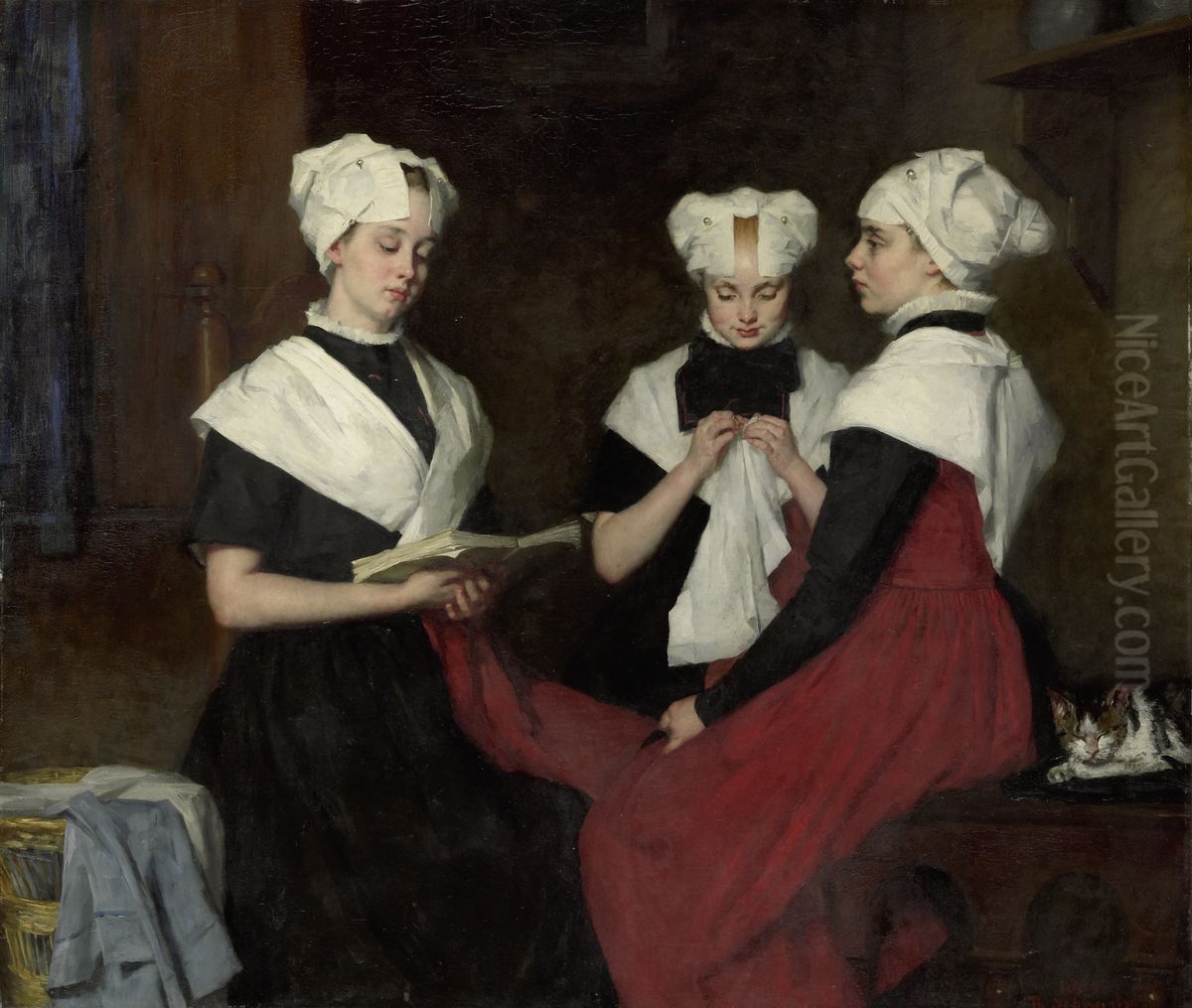 Three girls from the Amsterdam Orphanage. Oil Painting by Therese Schwartze