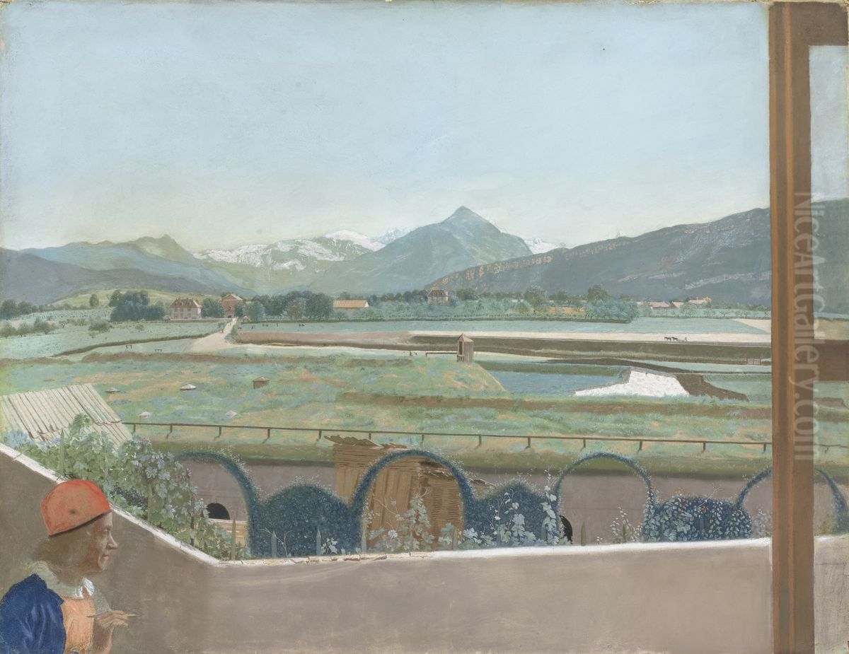 Vue sur le massif du Mont-Blanc du studio de l'artiste a Geneve, avec auto-portrait Oil Painting by Jean-Etienne Liotard