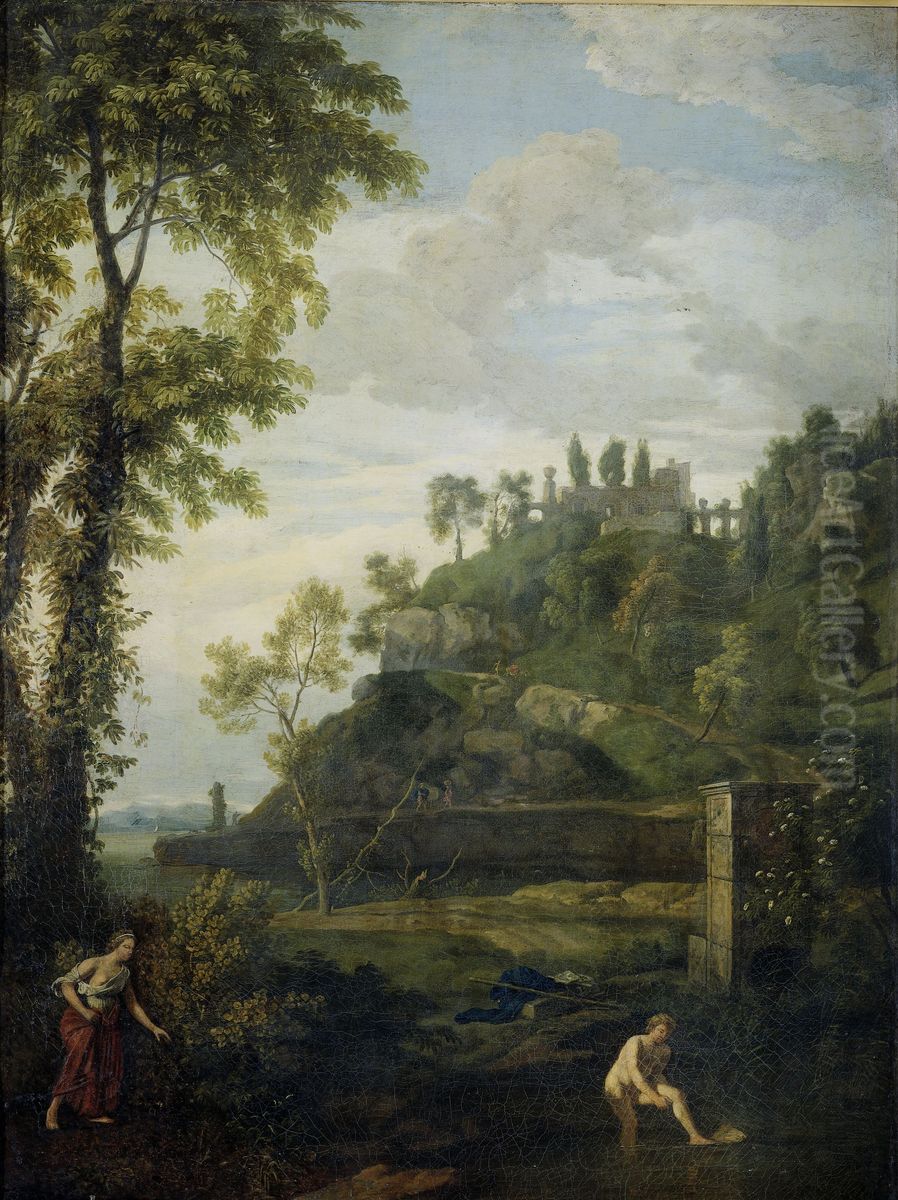 Arcadisch landschap met Salmacis en Hermaphroditus Oil Painting by Johannes Glauber