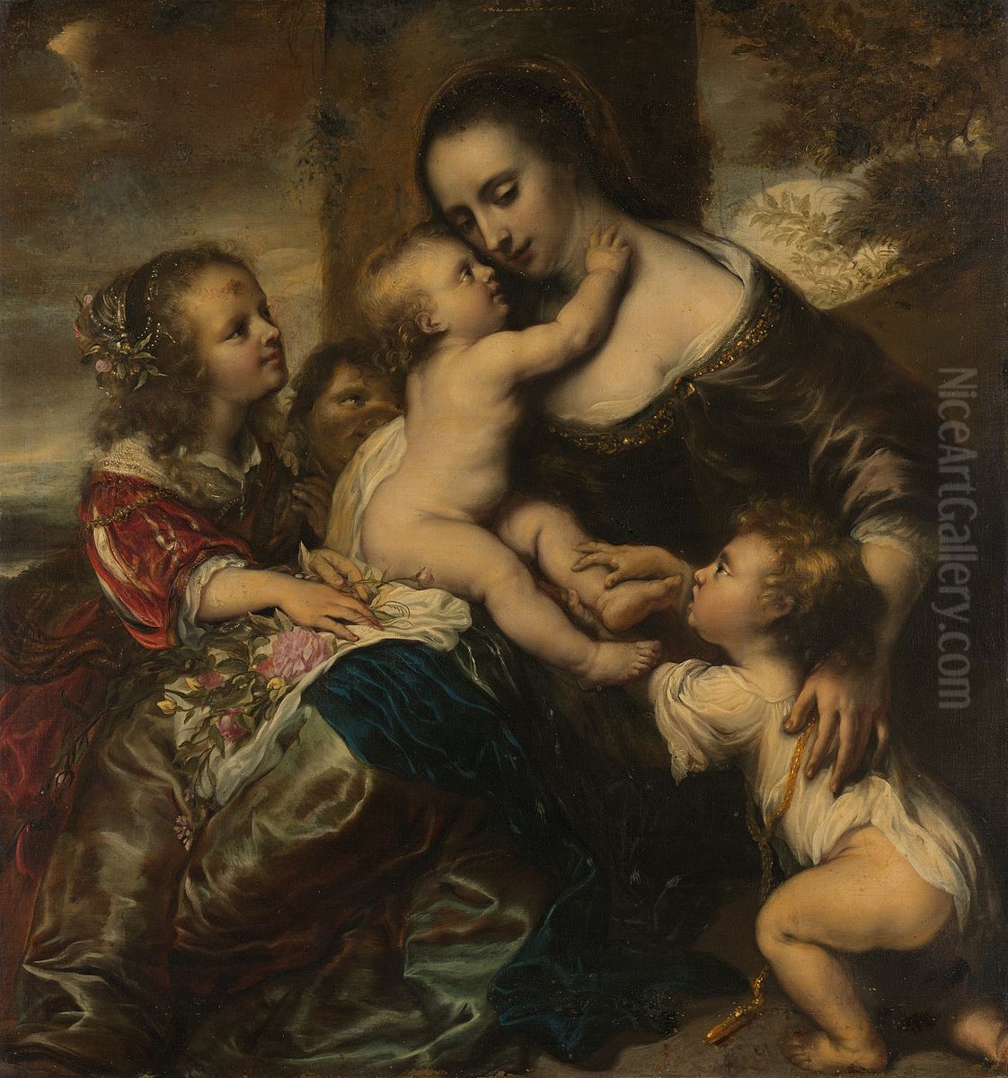 Portret van een vrouw met vier kinderen, voorgesteld als Caritas Oil Painting by Jurgen Ovens