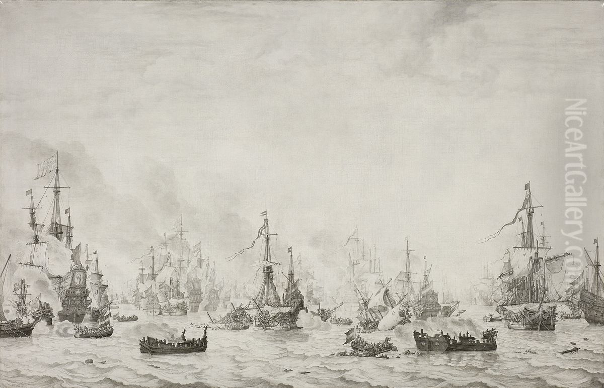 De zeeslag tegen de Spaanse Armada bij Duins Oil Painting by Willem van de, the Elder Velde