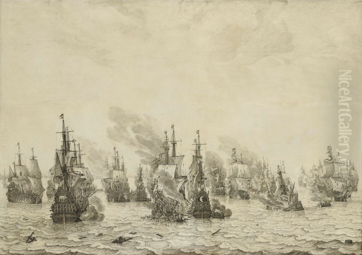 De zeeslag bij Livorno Oil Painting by Willem van de, the Elder Velde
