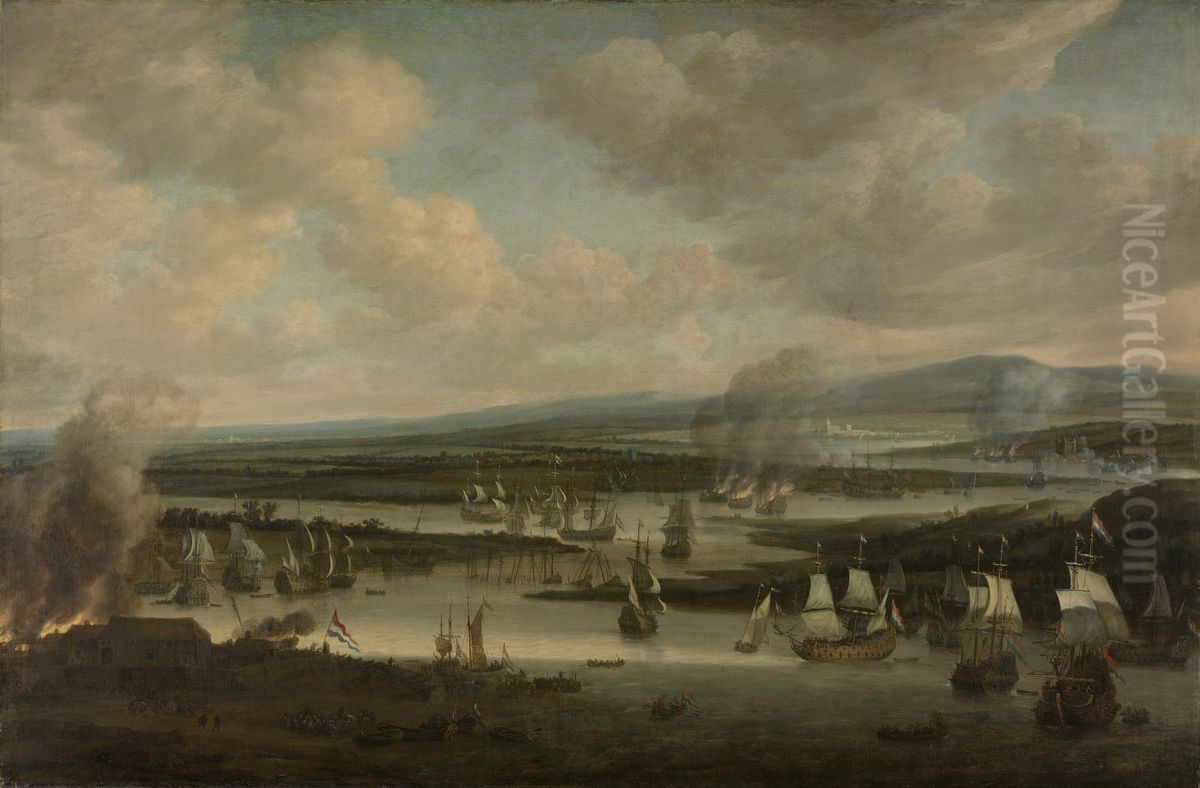 Het verbranden van de Engelse vloot bij Chatham, juni 1667, tijdens de Tweede Engelse Zeeoorlog (1665-1667) Oil Painting by Willem Schellinks