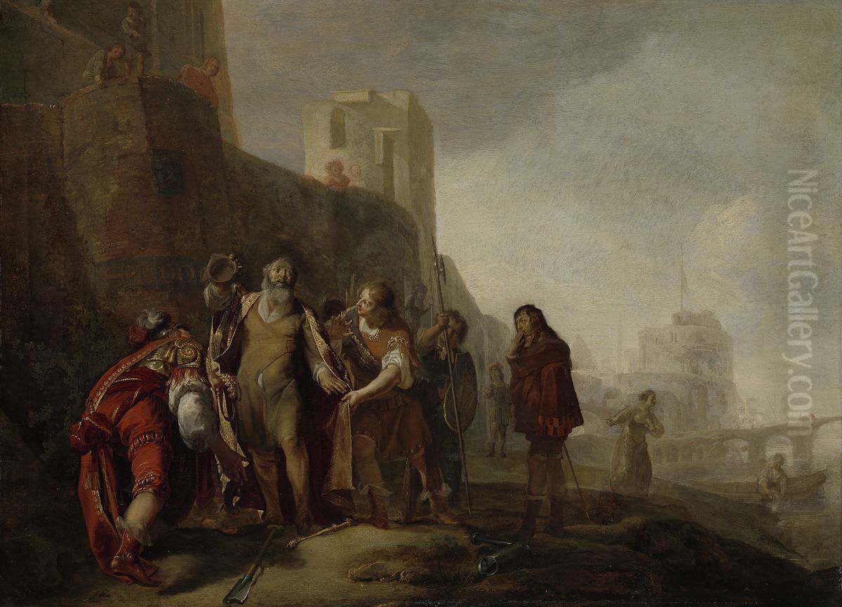 De gezanten van Alexander de Grote bekleden de tuinman Abdalonymos met de insignien der koningswaardigheid van Sidon Oil Painting by Nikolaus Knupfer