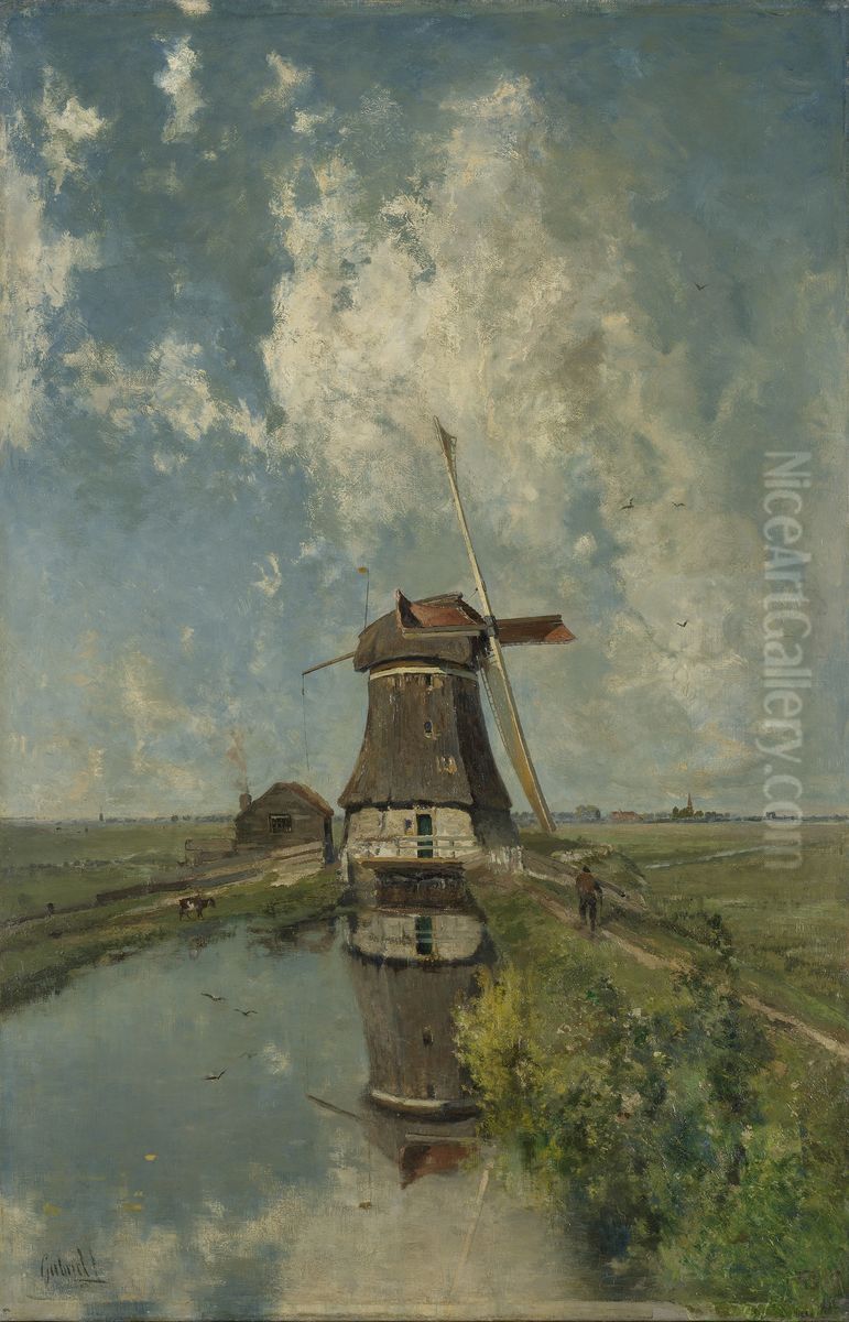 Een molen aan een poldervaart, bekend als 'In de maand juli' Oil Painting by Paul Joseph Constantine Gabriel