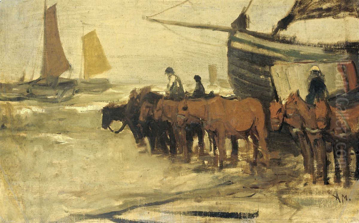 Het in zee brengen van een visserspink Oil Painting by Anton Mauve