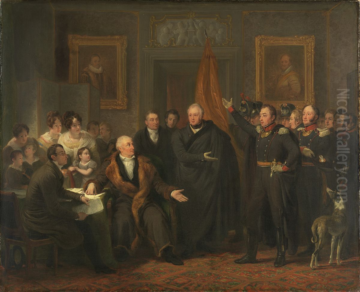 De aanvaarding van het Hoog Bewind door het Driemanschap in naam van de prins van Oranje, 21 november 1813 Oil Painting by Jan Willem Pieneman