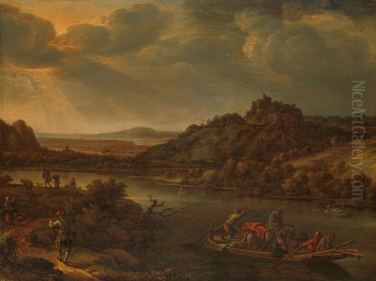 Riviergezicht met veerpont Oil Painting by Herman Saftleven