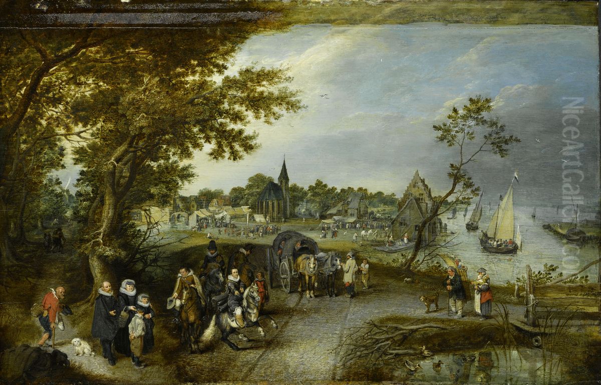 Landscape with Horsemen and Travellers near a Town by a River Oil Painting by Adriaen van de Venne