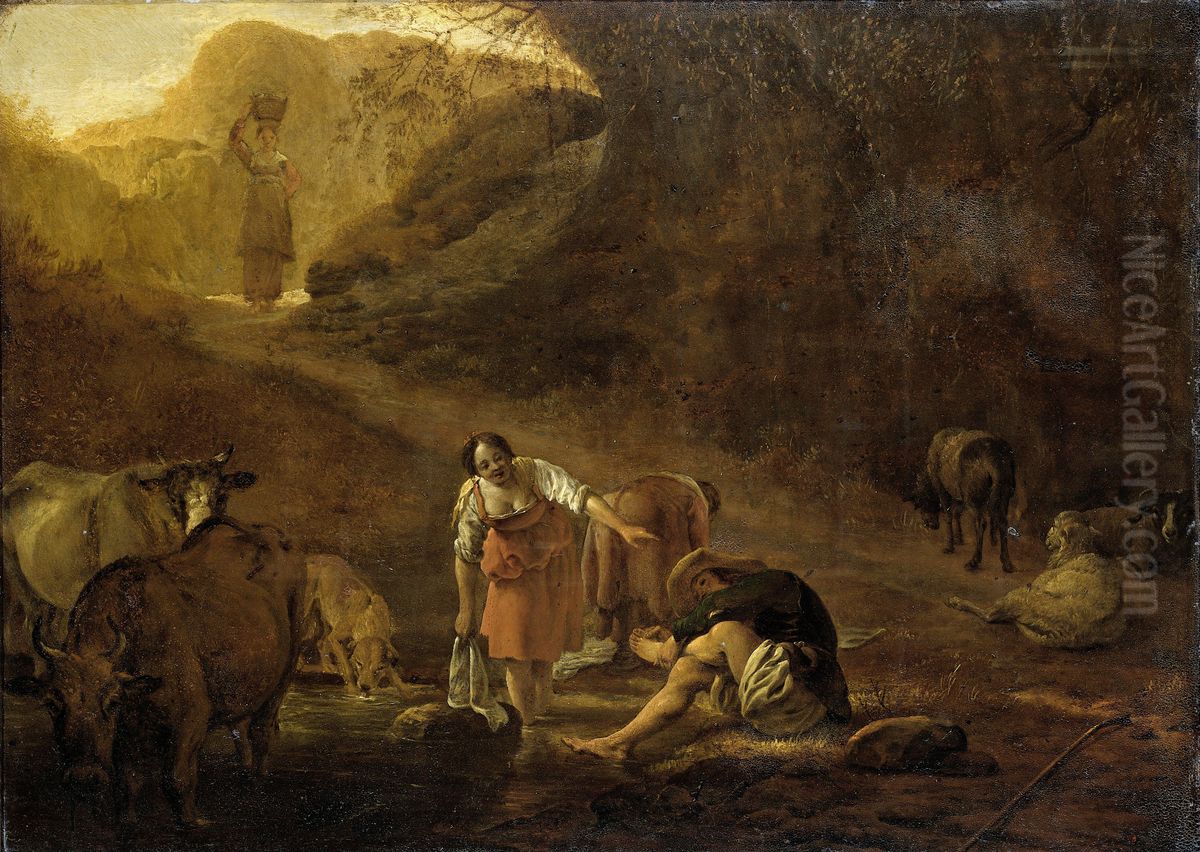 A Shepherd and Washerwomen at a Spring Oil Painting by Pieter van Laer