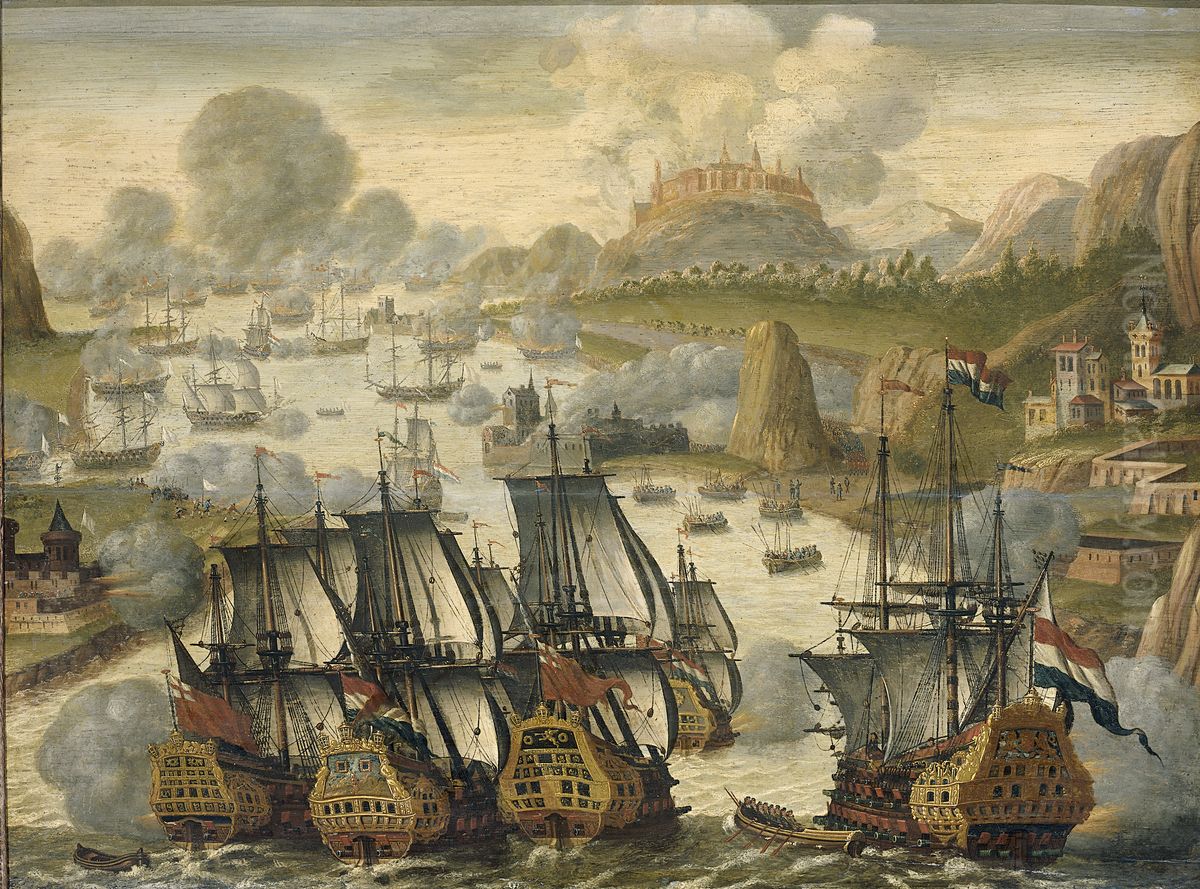 Zeeslag in de baai van Vigo, 23 oktober 1702. Episode uit de Spaanse Successieoorlog Oil Painting by unknown