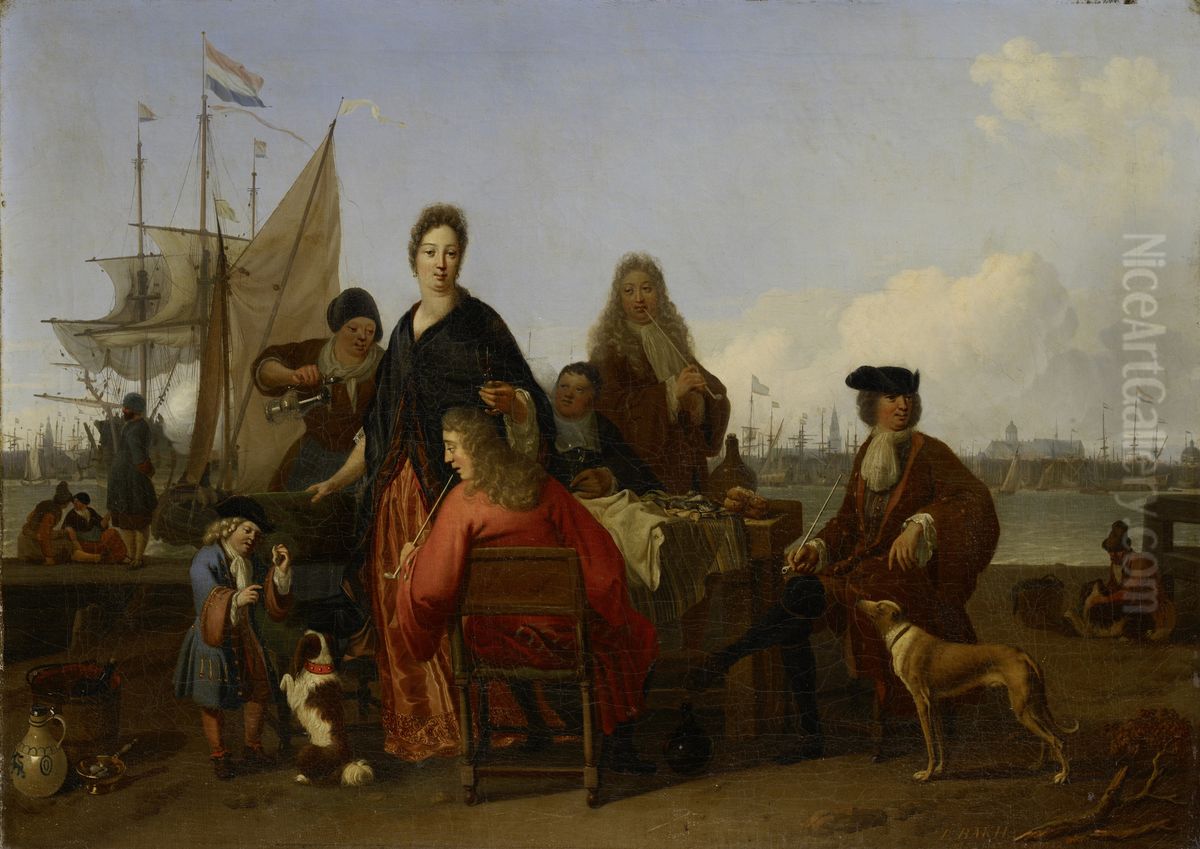 The Bakhuysen and de Hooghe Families dining at the Mosselsteiger (Mussel Pier) on the Y, Amsterdam Oil Painting by Ludolf Bakhuizen