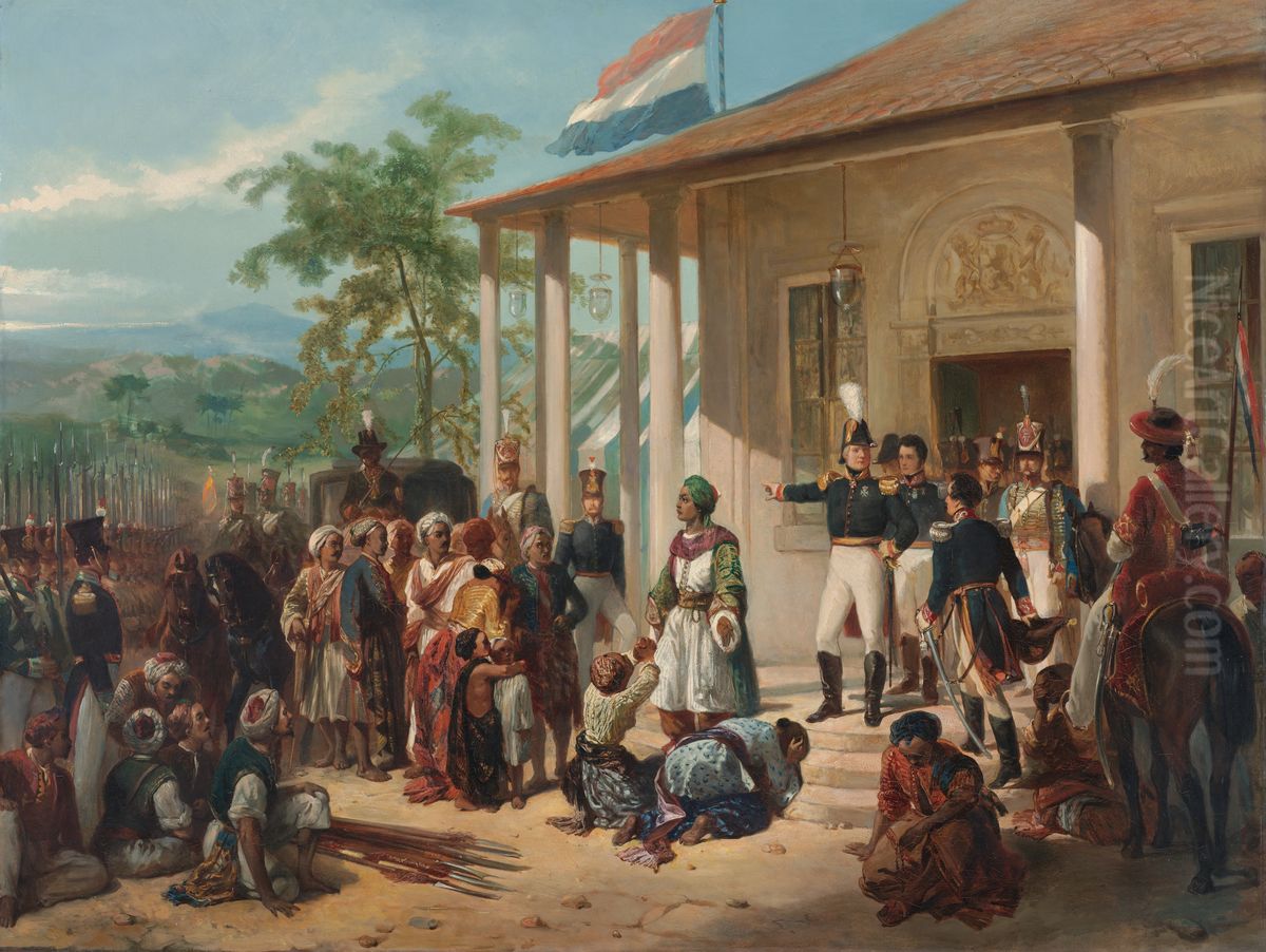 PenyerahanPangeran Diponegoro(di kotak kiri) kepada Letnan JenderalHendrik Merkus de Kock(di kotak kanan) tanggal 28 Maret 1830 yang mengakhiriPerang Diponegoro(1825-1830). Oil Painting by Nicolaas Pieneman