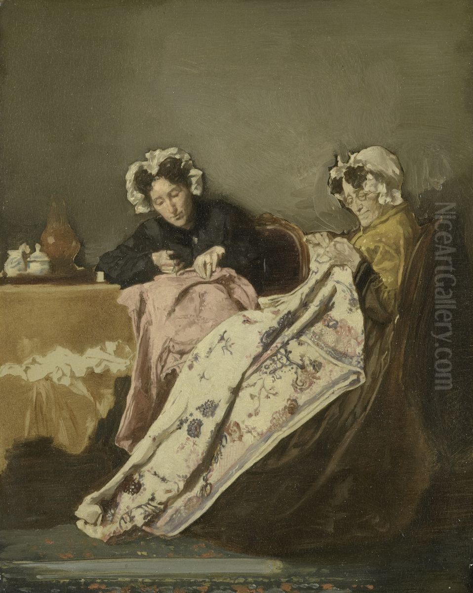 Two Women Sewing Oil Painting by Alexander Hugo Bakker Korff