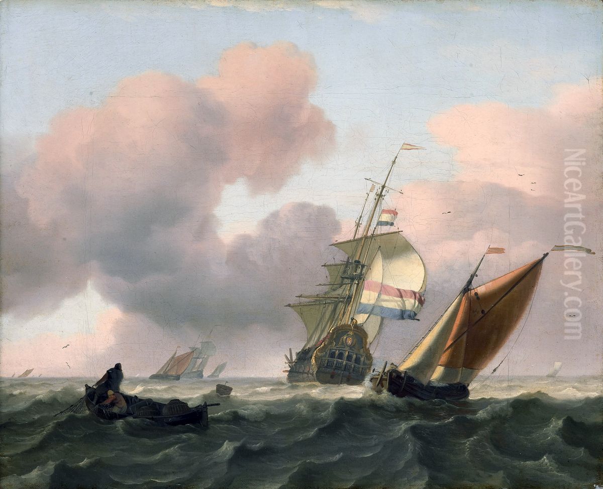 Een Hollandse driemaster op zee, in de voorgrond halen vissers een net binnen vanuit een roeiboot Oil Painting by Ludolf Bakhuizen