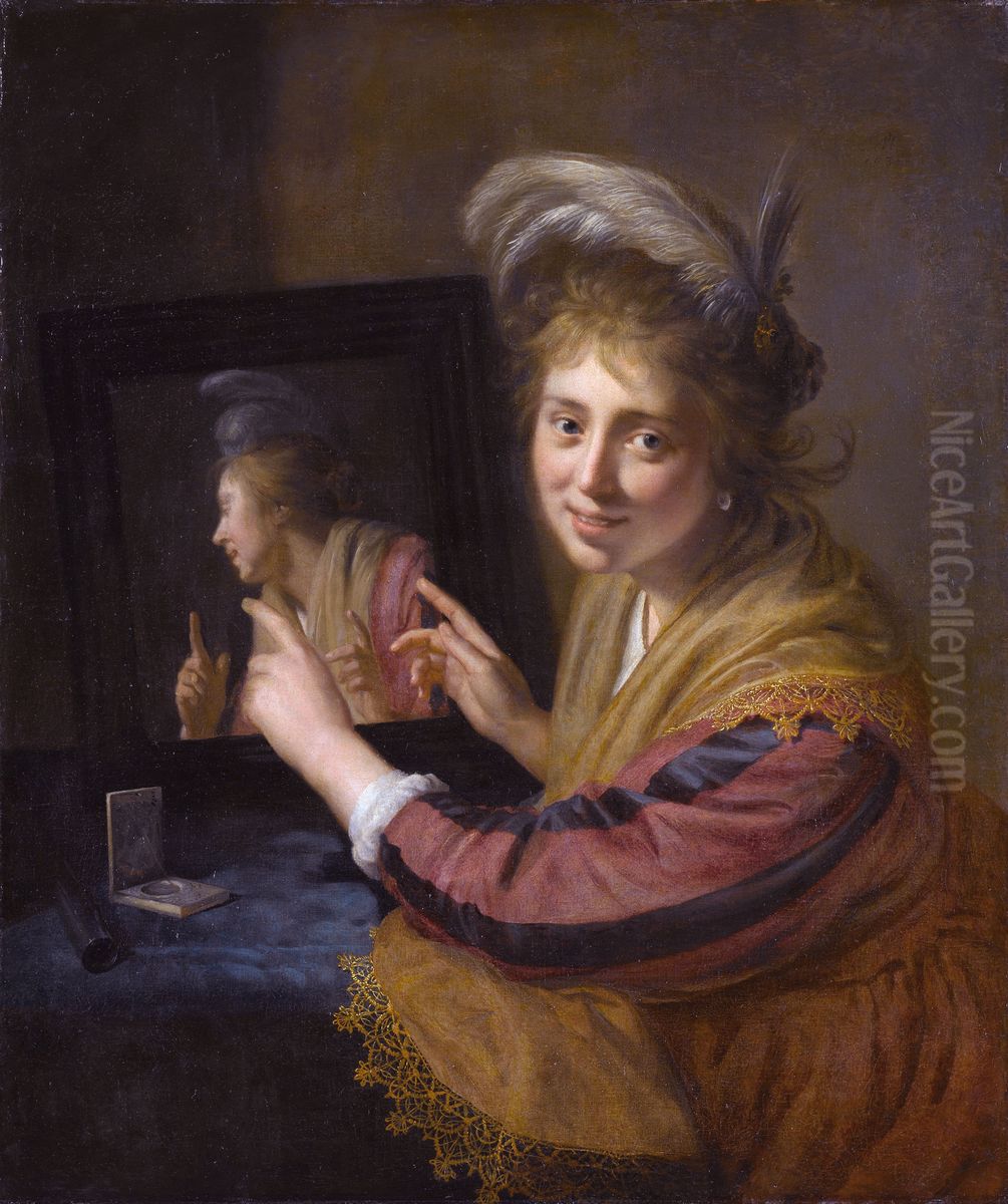 Girl at a Mirror Oil Painting by Paulus Moreelse