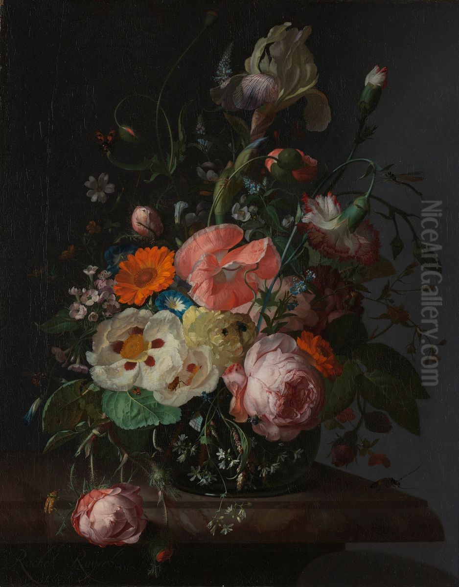 Still life with flowers on a marble tabletop Oil Painting by Rachel Ruysch