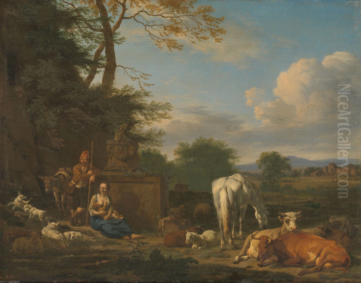Arcadian Landscape with resting Shepherds and Animals Oil Painting by Adriaen Van De Velde