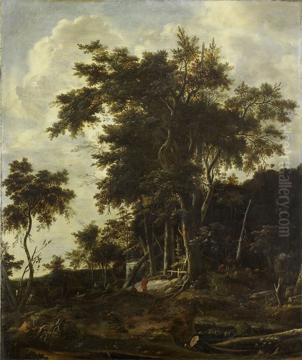 Boslandschap met houthakkerswoning Oil Painting by Roelant Roghman