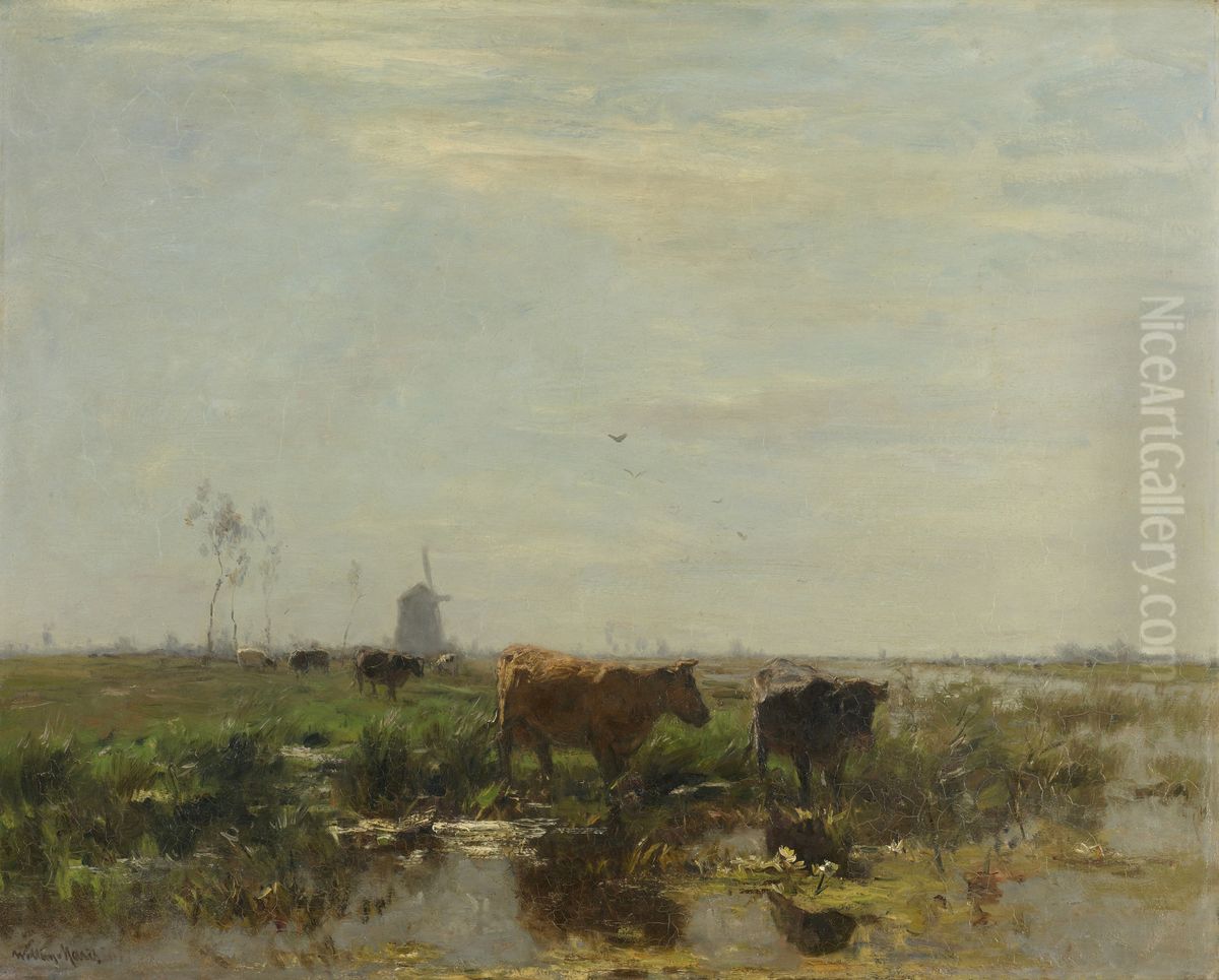 Weide met koeien aan het water Oil Painting by Willem Maris