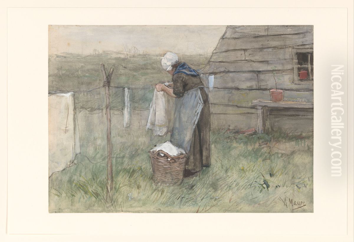 Vrouw bij een waslijn Oil Painting by Anton Mauve