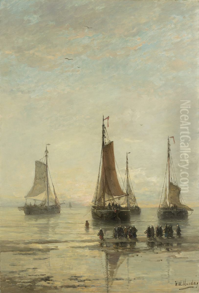 Bluff-Bowed Scheveningen Boats at Anchor Oil Painting by Hendrik Willem Mesdag