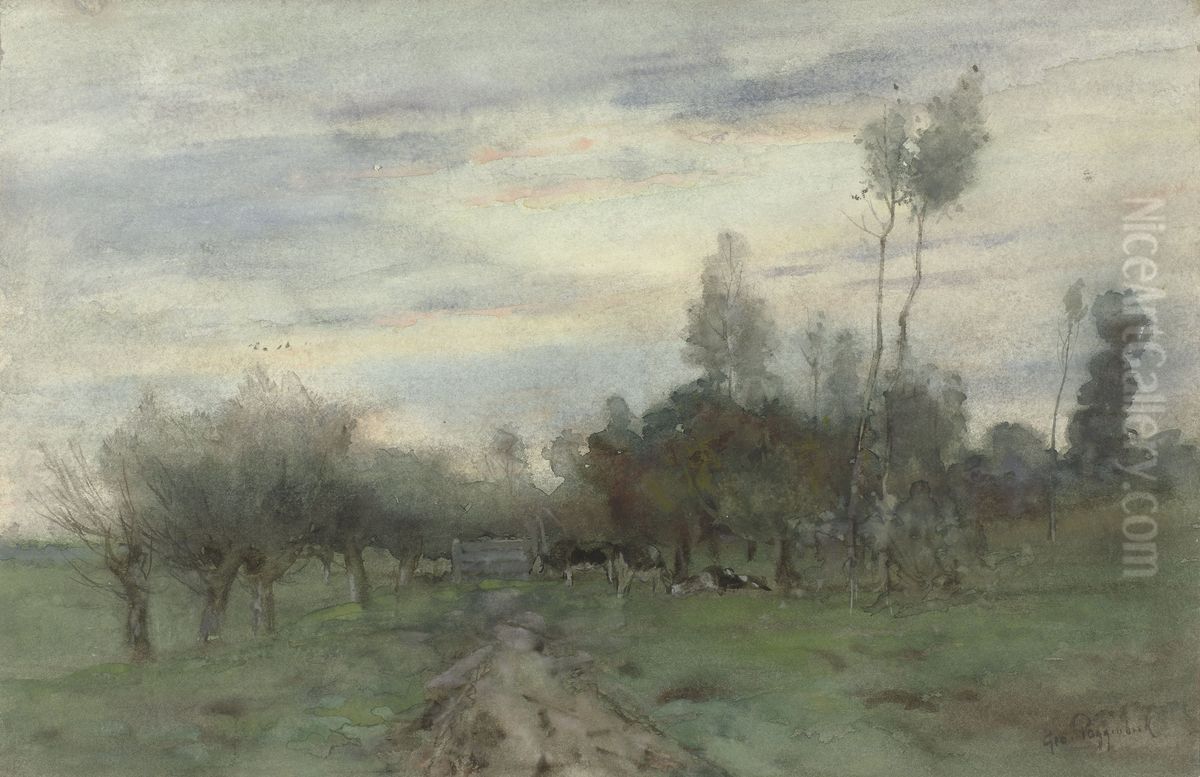 Landweg met koeien in de schemering Oil Painting by Geo Poggenbeek