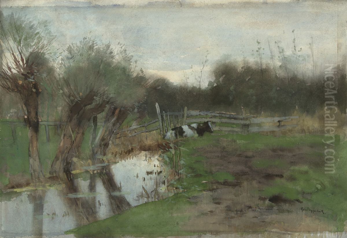 Weiland met liggende koe bij een sloot Oil Painting by Geo Poggenbeek