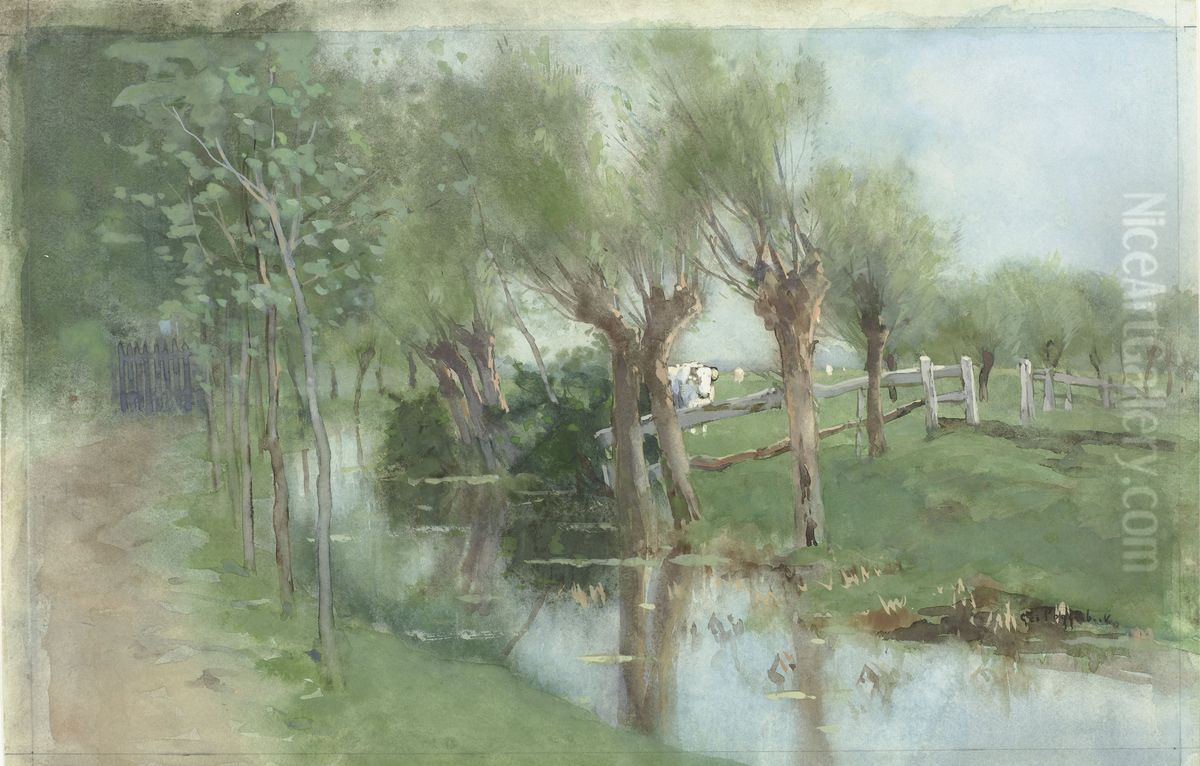 Knotwilgen aan een sloot Oil Painting by Geo Poggenbeek