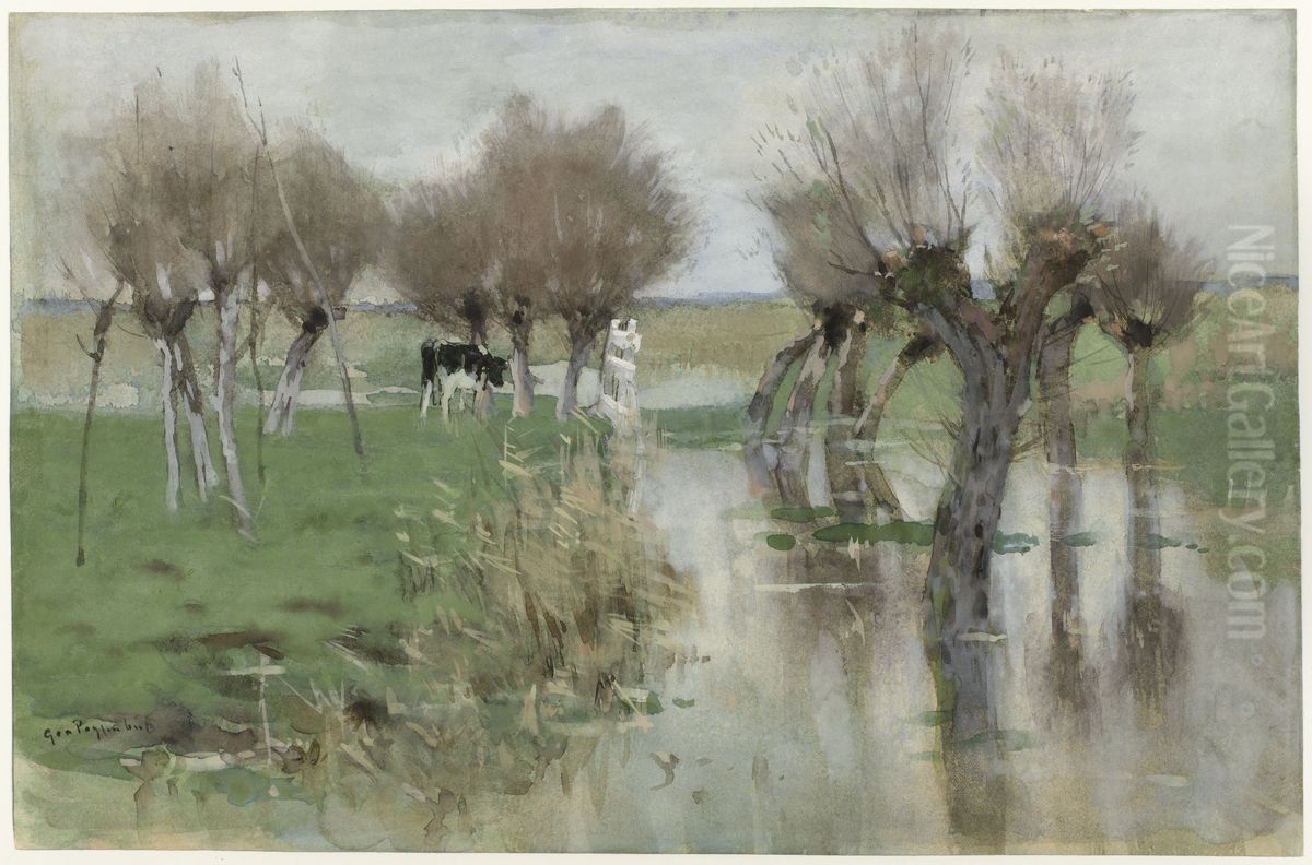 Hoog water in het weiland Oil Painting by Geo Poggenbeek