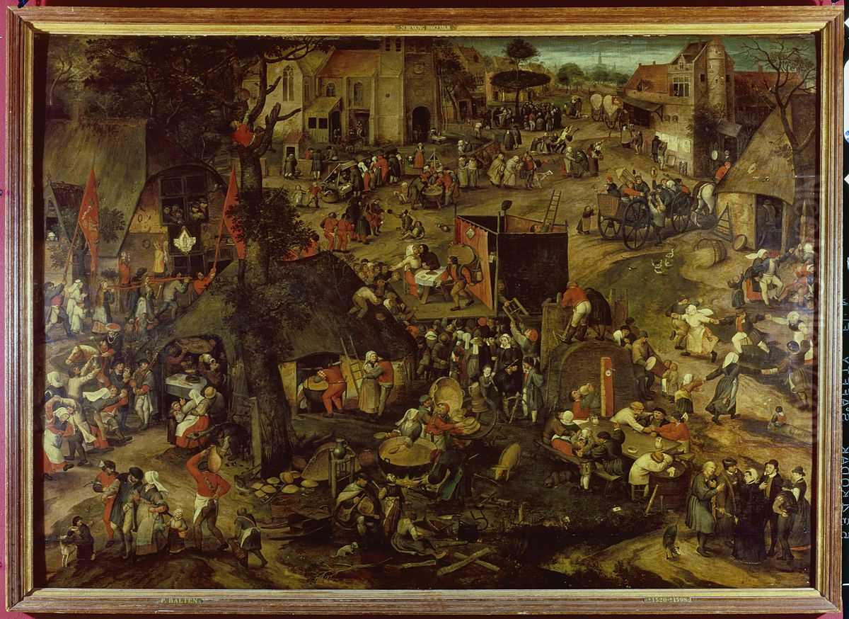 Een opvoering van de klucht 'Een cluyte van Plaeyerwater' op een Vlaamse kermis. Oil Painting by Pieter Balten