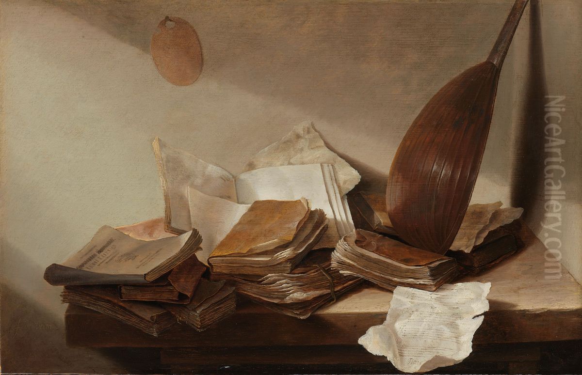 Stilleven met boeken en een luit Oil Painting by Jan Davidsz. De Heem
