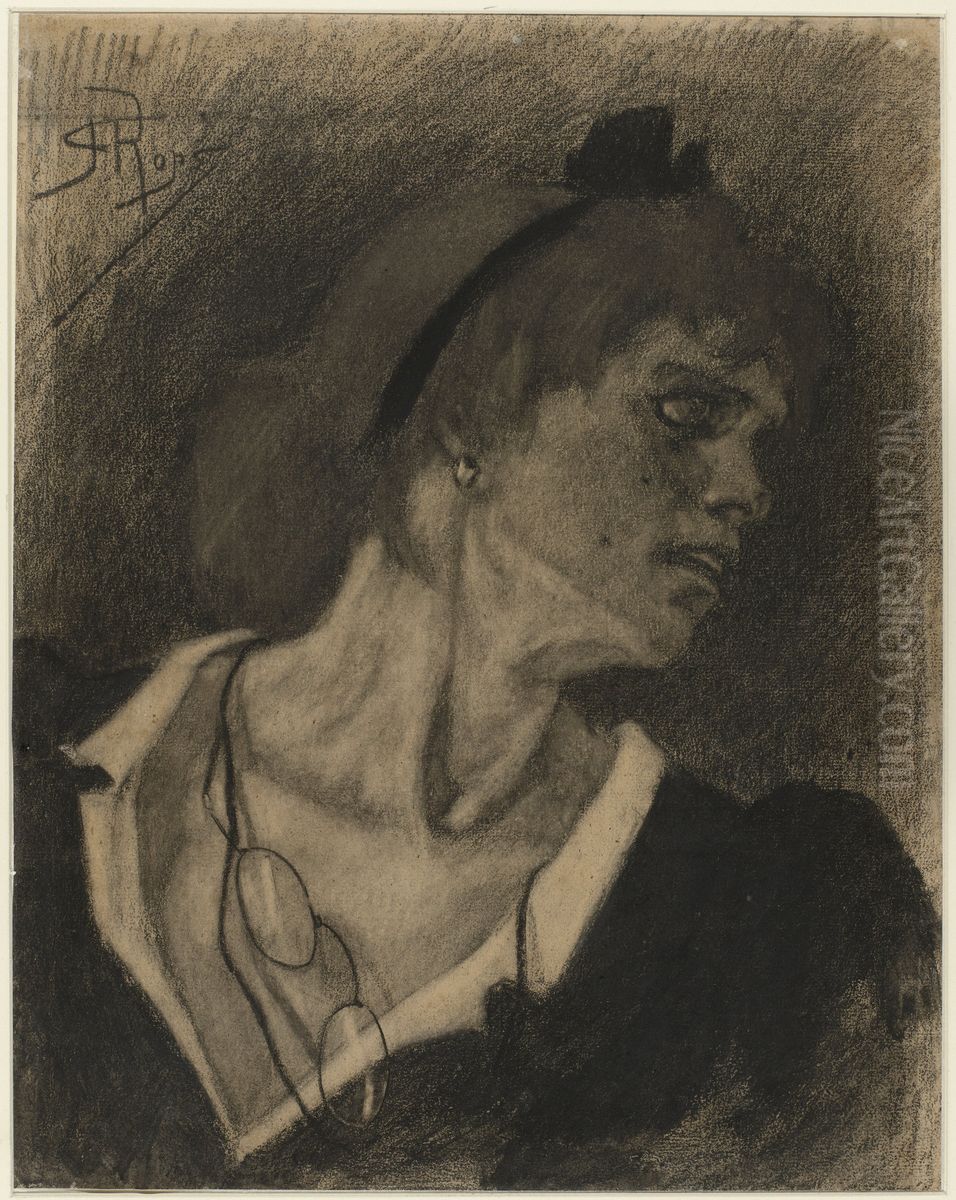 Bust of a Woman Wearing a Lorgnette around her Neck Oil Painting by Felicien Rops