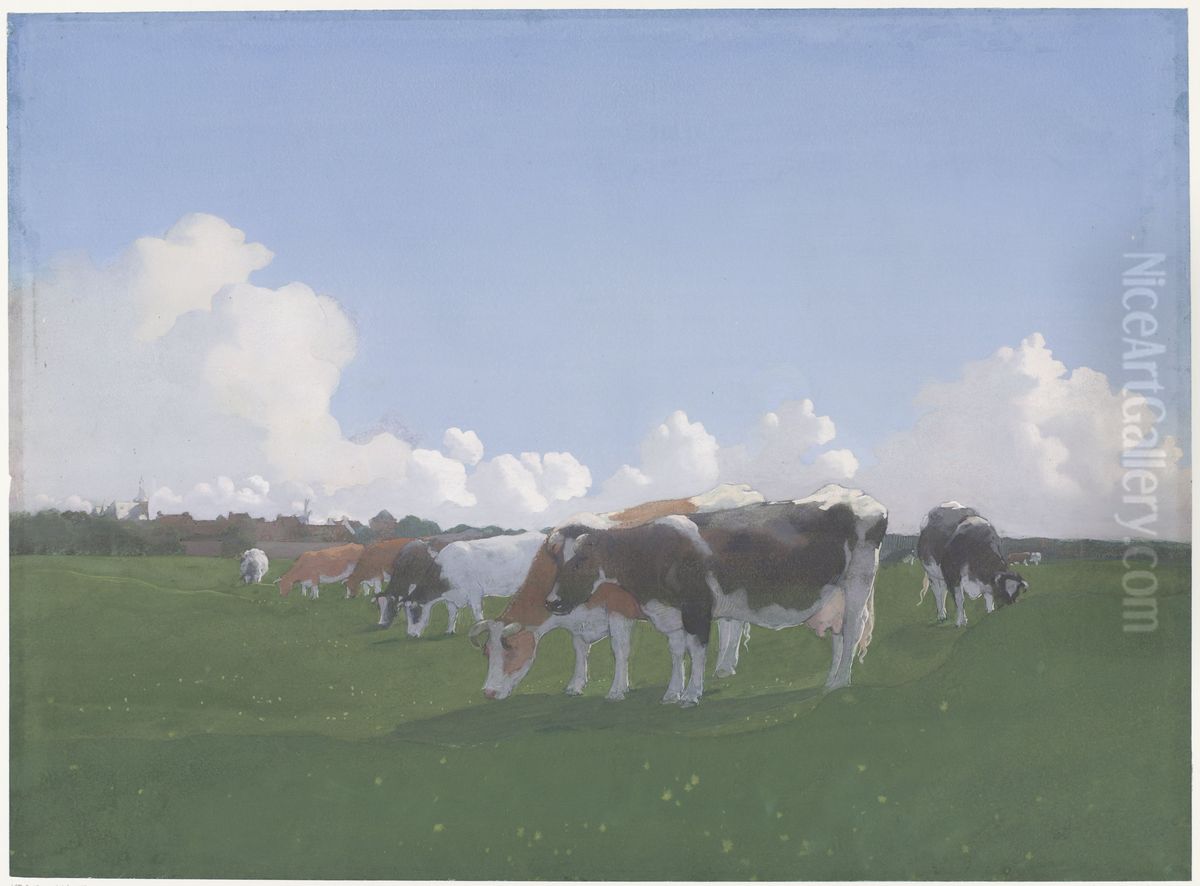 Grazing cows in a meadow Oil Painting by Jan Voerman