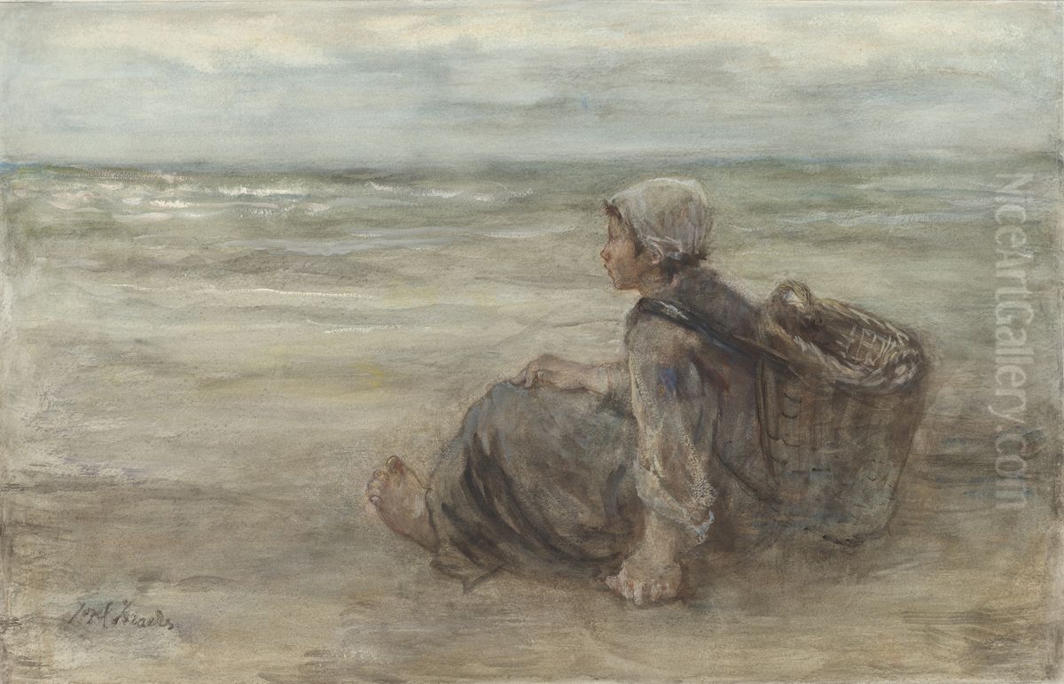 Fishing Girl on the Beach Oil Painting by Jozef Israels