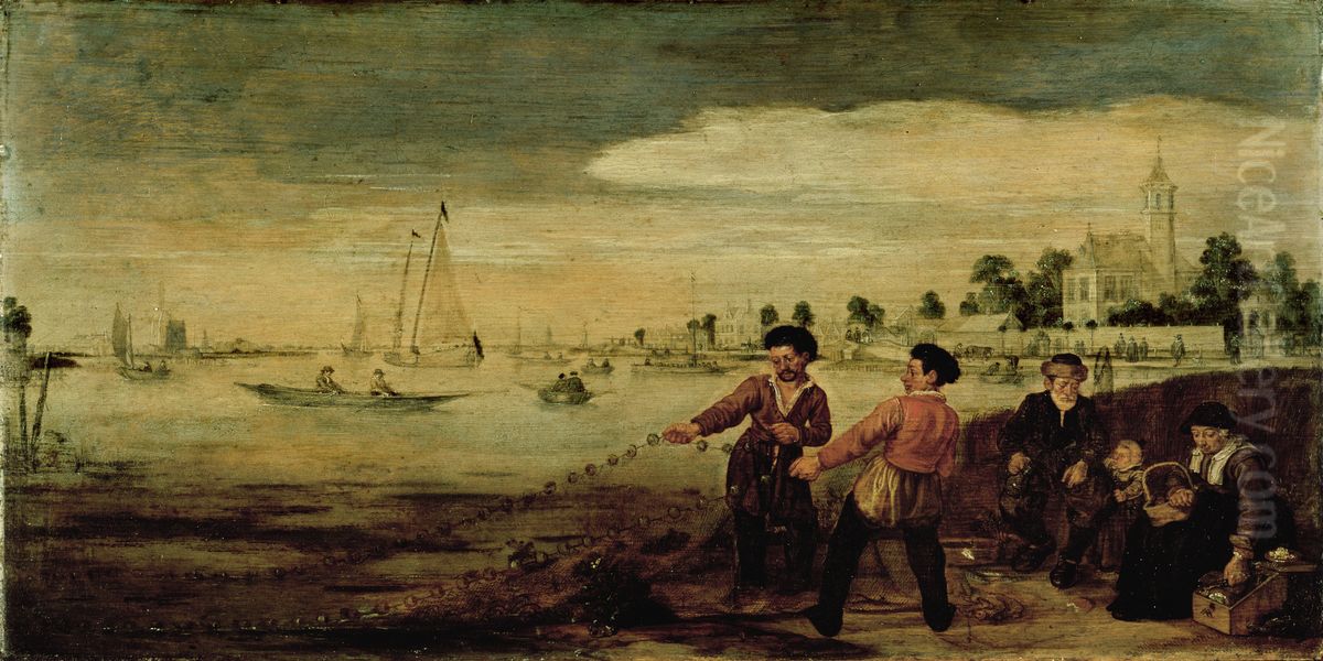 Vissers aan de Amstel te Amsterdam in de nabijheid van het buiten 'De Pauwentuin'. Oil Painting by Arent Arentsz