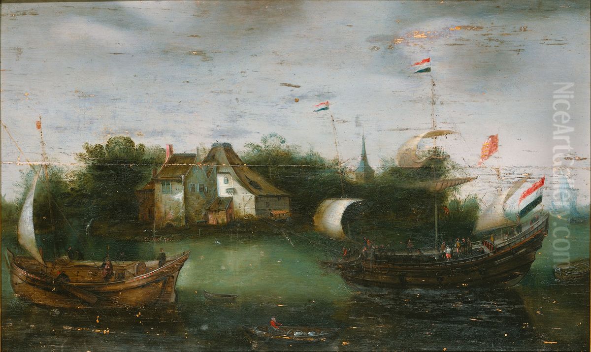 Een zeeschip vaart een binnenwater op Oil Painting by Hendrick Cornelisz Vroom
