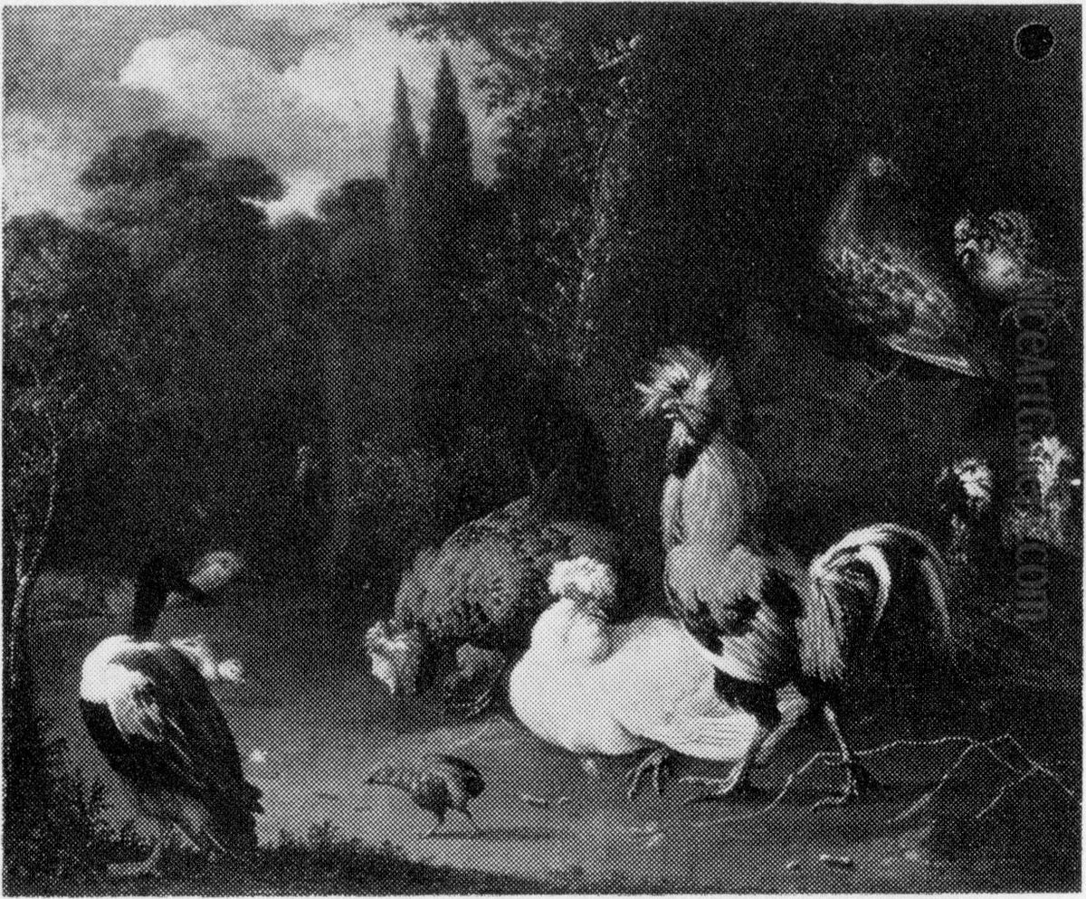 Poultry and Ducks in a Park Oil Painting by Melchior D'Hondecoeter