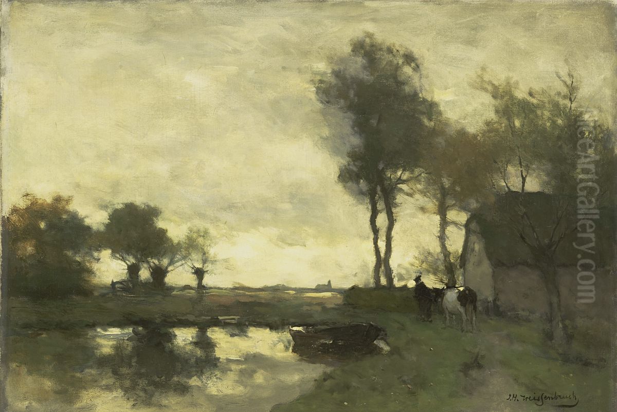 Landschap met boerderij bij een plas Oil Painting by Johan Hendrik Weissenbruch