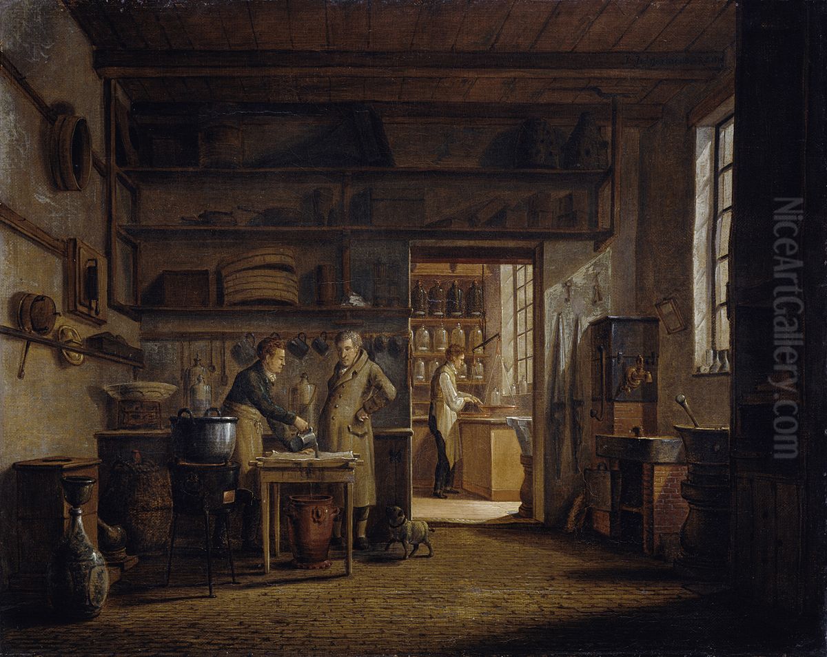 Interieur van het 'Stoockhuys' van apotheker A d'Ailly Oil Painting by Johannes Jelgerhuis