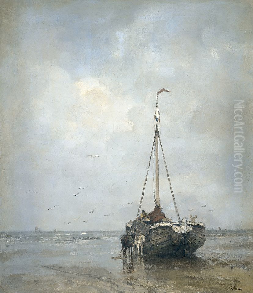 Bluff-bowed Fishing Boat on the Beach at Scheveningen Oil Painting by Jacob Maris