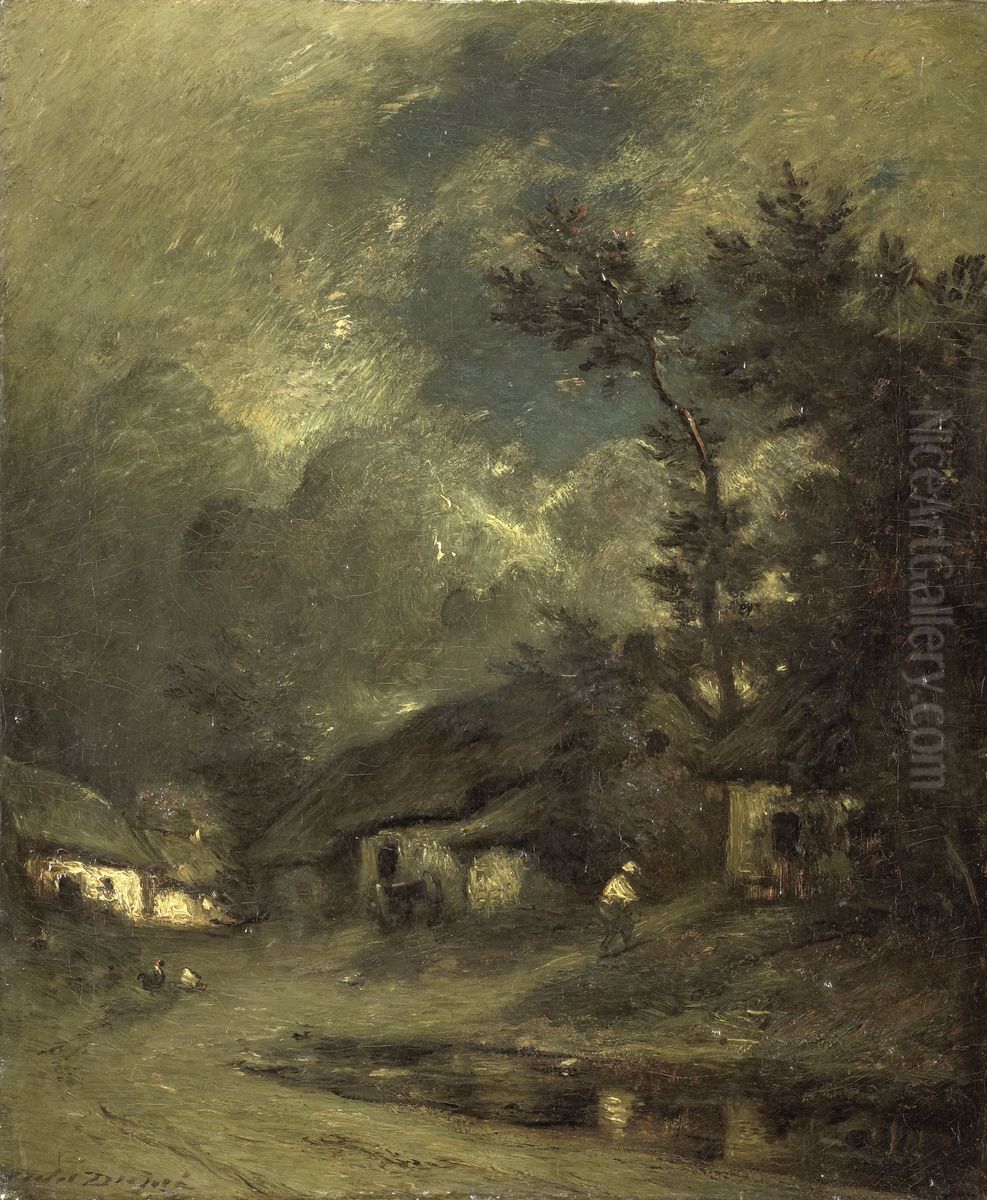 Dorpsgezicht bij nacht Oil Painting by Jules Dupre