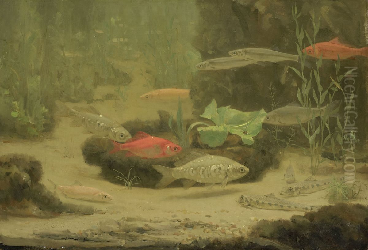Goud- en zilvervisjes in een aquarium Oil Painting by Gerrit Willem Dijsselhof