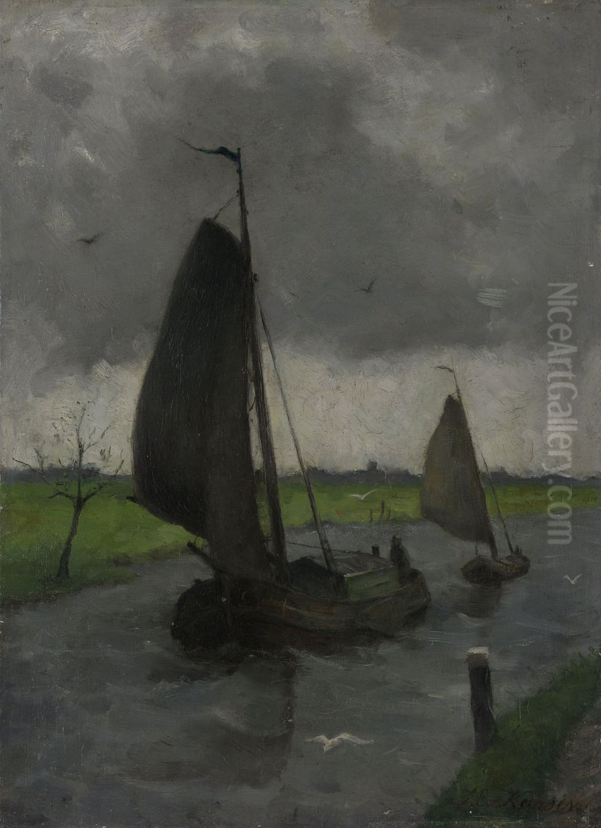 Vaart met zeilende scheepjes Oil Painting by Eduard Karsen