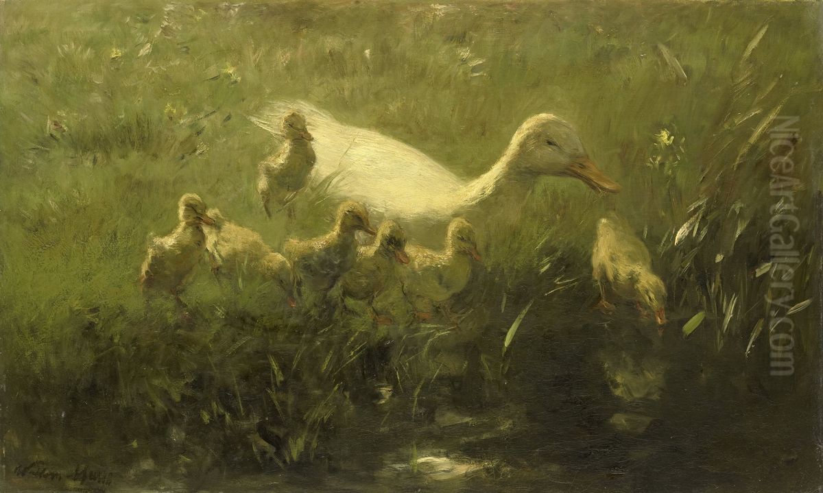Witte eend met kiekens Oil Painting by Willem Maris